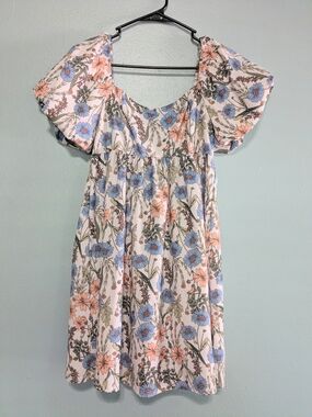 Altar'd State Floral Puff Sleeve Dress in Blue and Peach